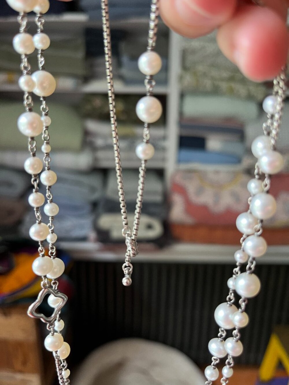 David Yurman Sterling Silver Necklace with Pearl Stations - 48" length